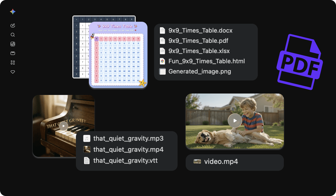 Gemini Export menu on gemini.google.com with Markdown, PDF, JSON, video, music, and more formats